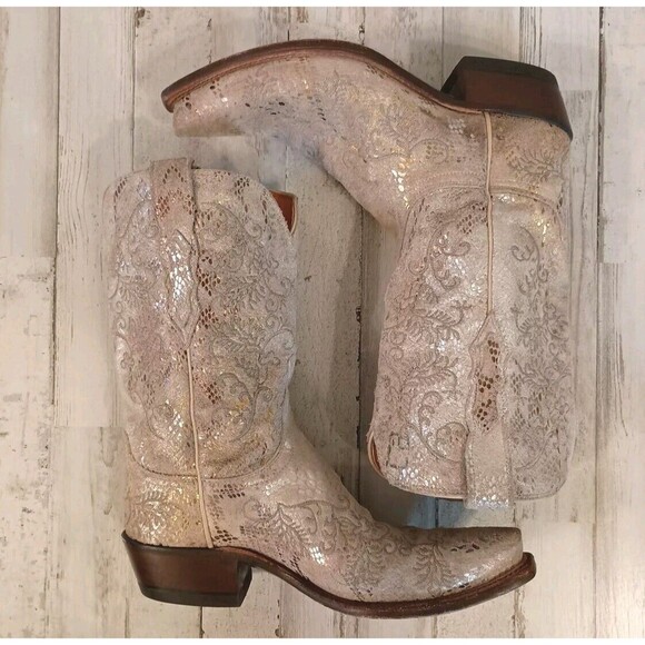 Lucchese Size 7 B Suede Gold Stone Python Print Boots Western Cowboy Snip Toe - Picture 7 of 16